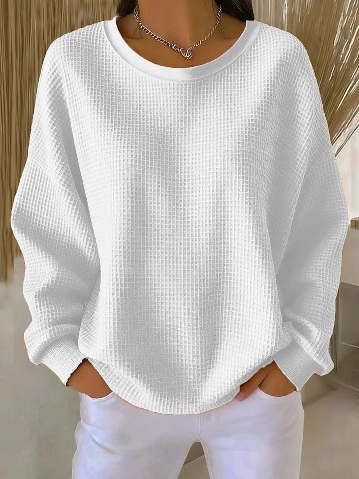Women's Oversized Waffle-Knit Round-Neck Pullover Sweater - White