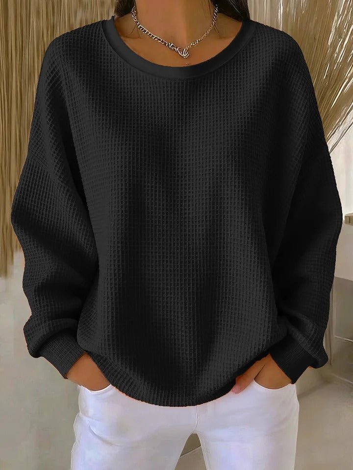 Women's Oversized Waffle-Knit Round-Neck Pullover Sweater - Black
