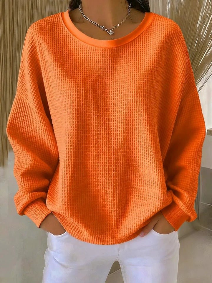 Women's Oversized Waffle-Knit Round-Neck Pullover Sweater - Orange
