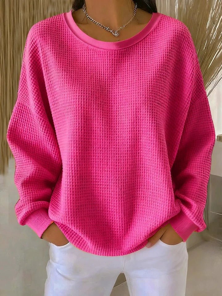 Women's Oversized Waffle-Knit Round-Neck Pullover Sweater - Fuchsia