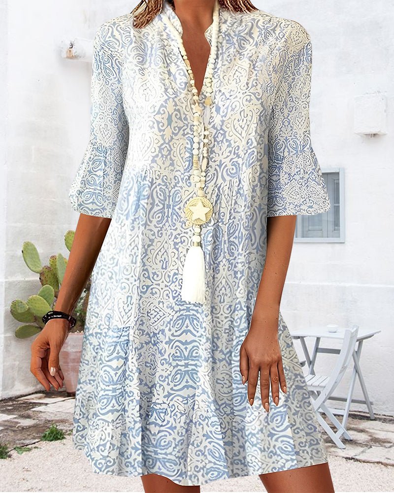 Women's Paisley V-Neck Three-Quarter Sleeve Dress