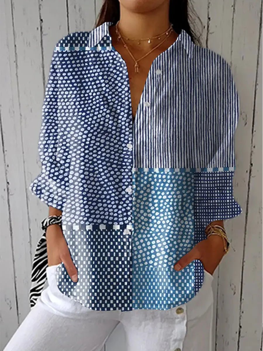 Women's Patchwork Button-Down Long-Sleeve Blouse - Multicolor