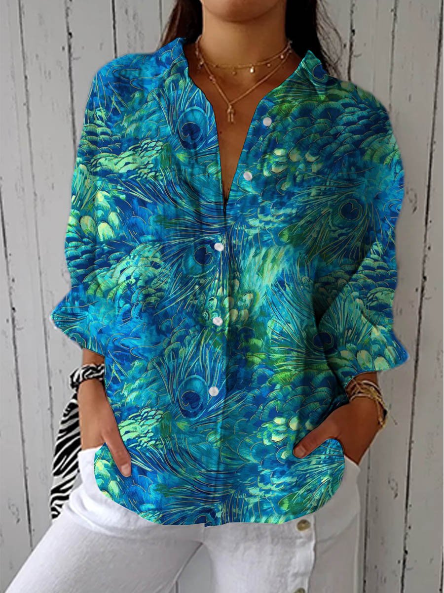 Women's Peacock Feather Print Button-Front Long Sleeve Blouse - Multicolor