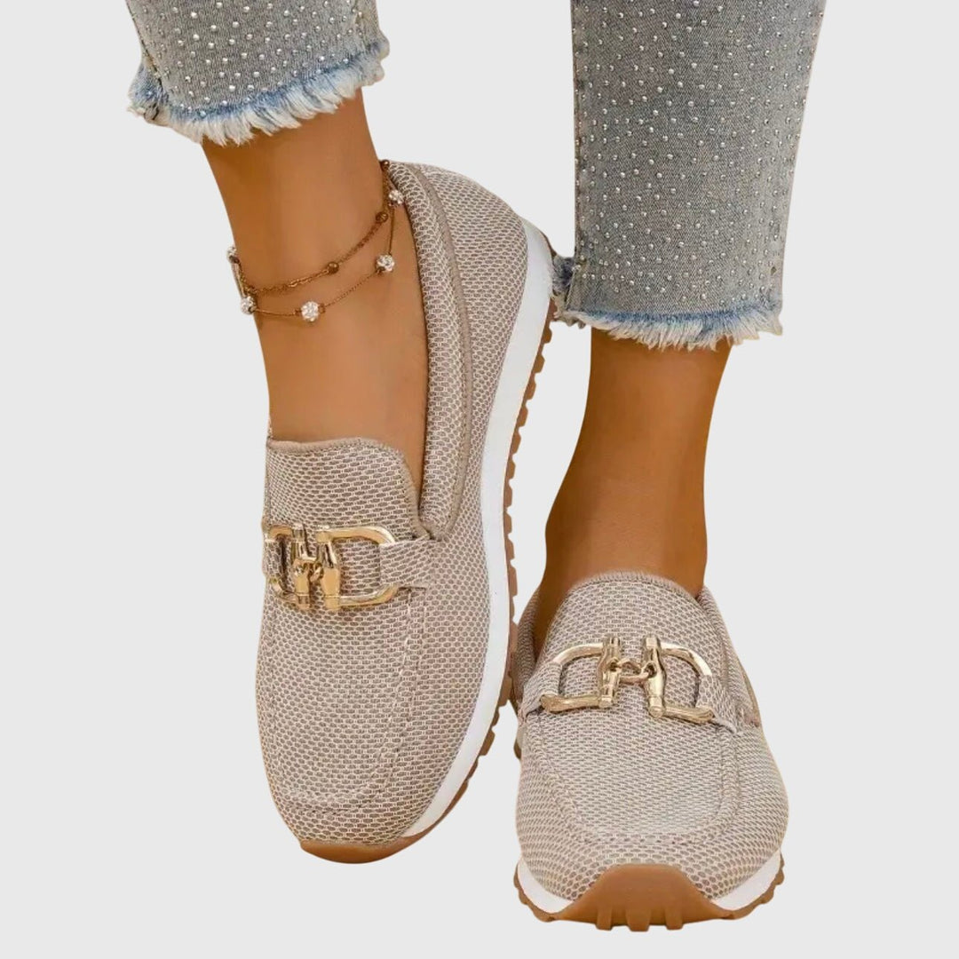 Women's Platform Slip-On Loafers with Gold Buckle Hardware - Beige