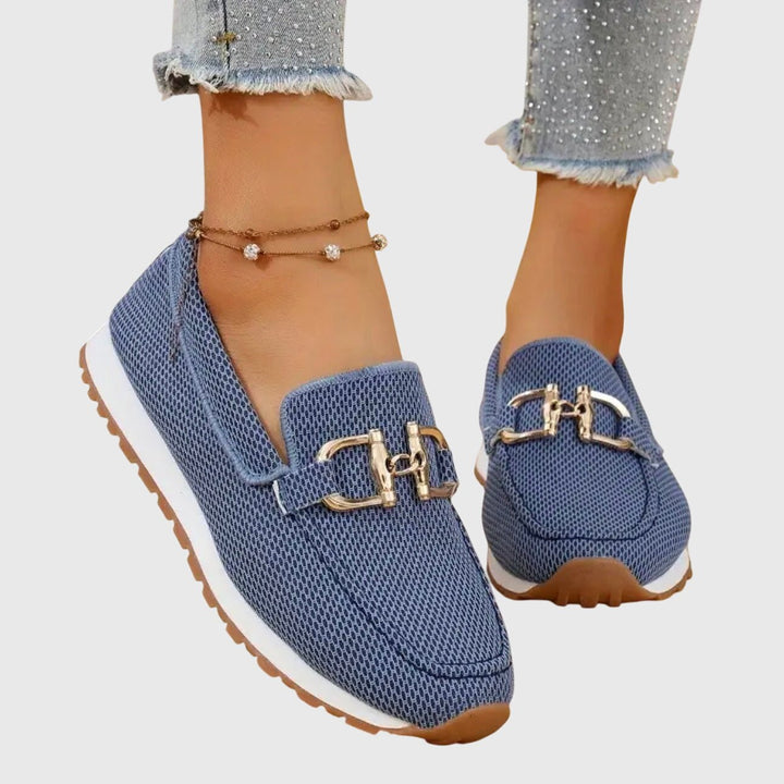 Women's Platform Slip-On Loafers with Gold Buckle Hardware - Blue