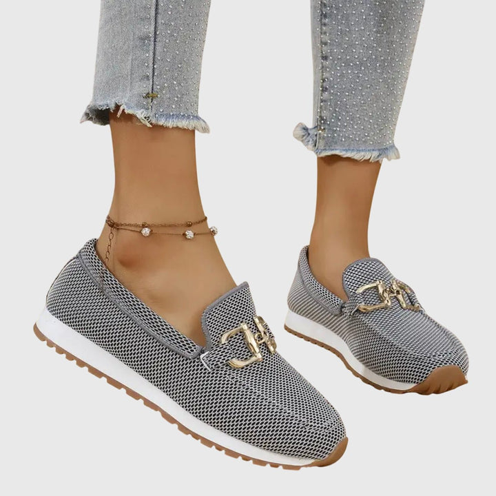 Women's Platform Slip-On Loafers with Gold Buckle Hardware - Grey