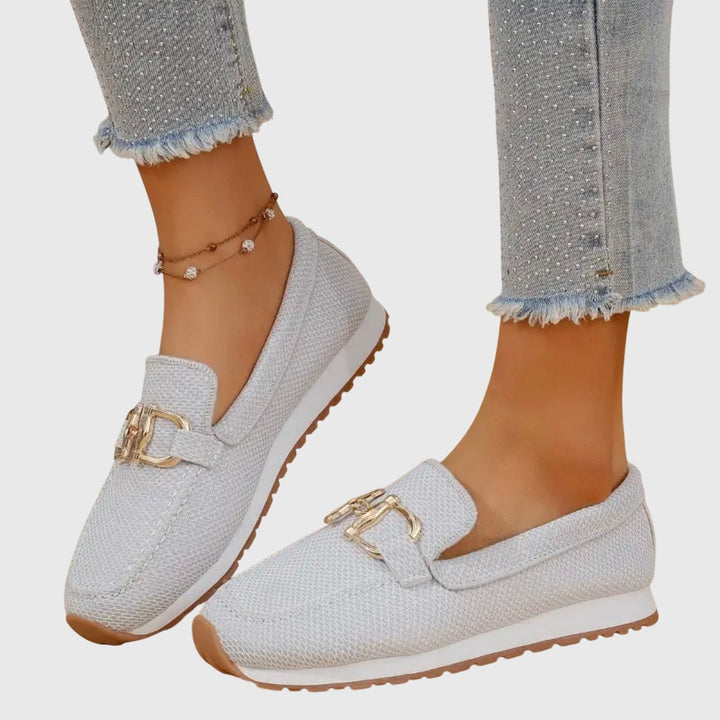 Women's Platform Slip-On Loafers with Gold Buckle Hardware - White