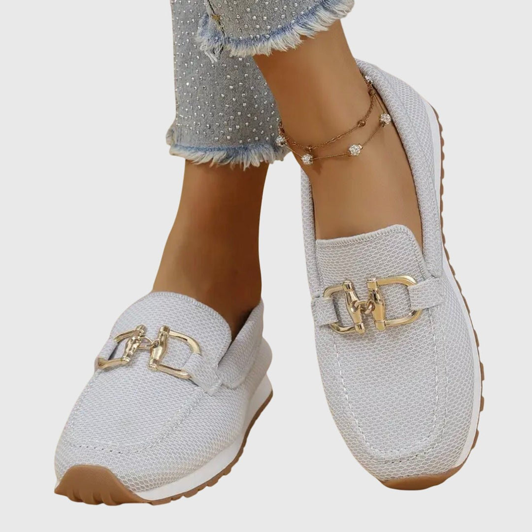Women's Platform Slip-On Loafers with Gold Buckle Hardware