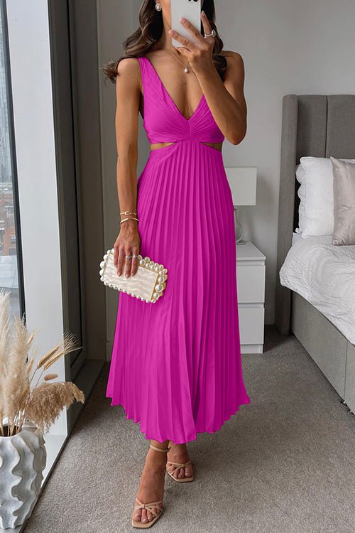Women's Pleated V-Neck Sleeveless Maxi Dress - Pink