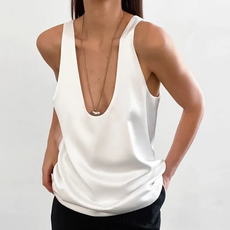 Women's Plunging U-Neck Satin Tank Top Relaxed Fit