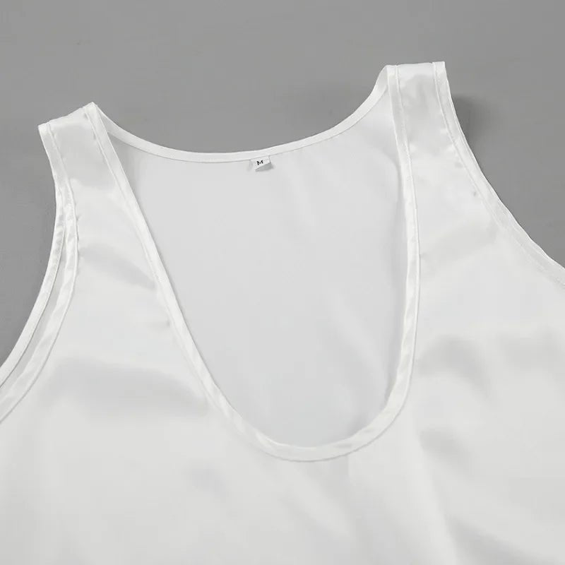 Women's Plunging U-Neck Satin Tank Top Relaxed Fit