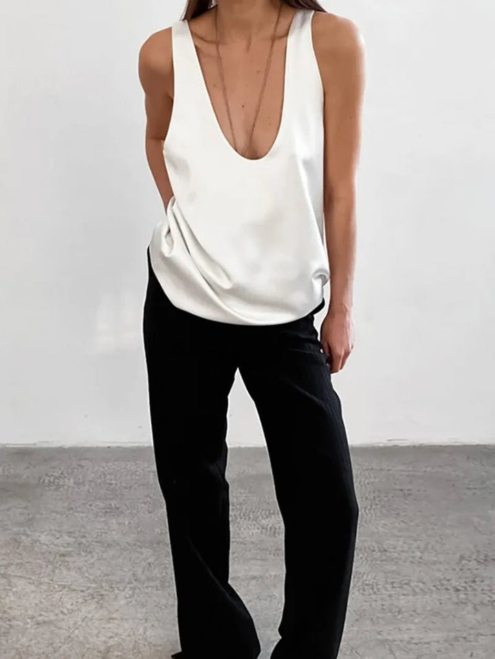 Women's Plunging U-Neck Satin Tank Top Relaxed Fit