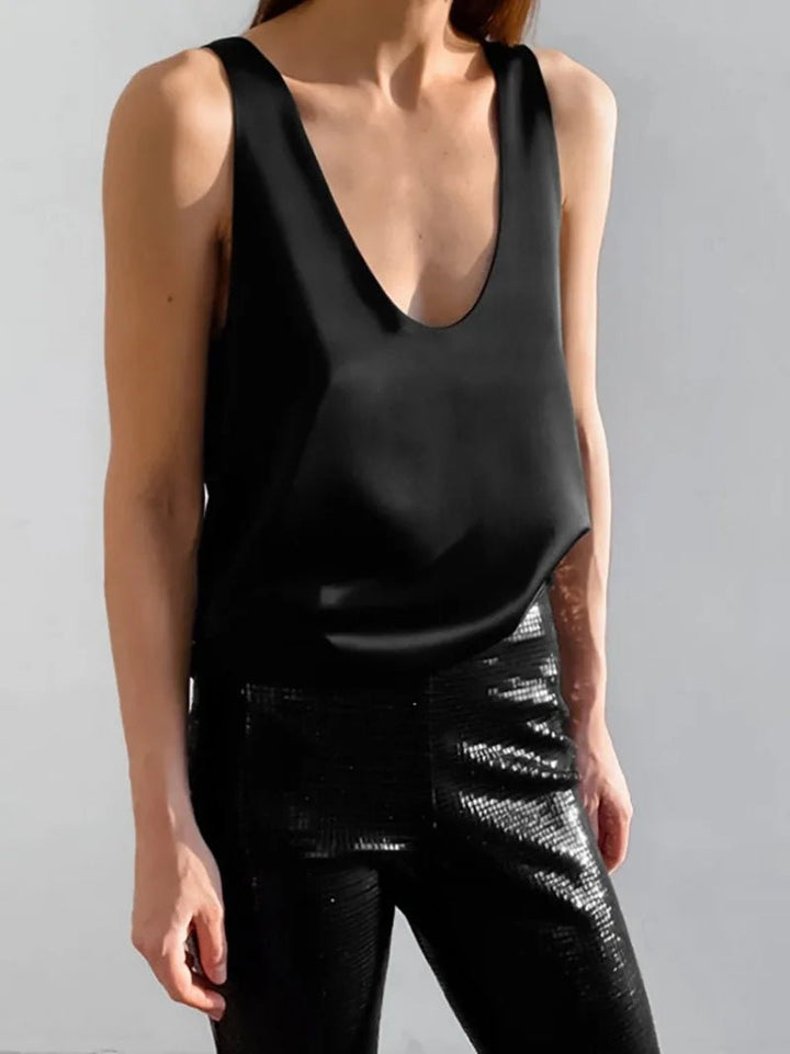 Women's Plunging U-Neck Satin Tank Top Relaxed Fit