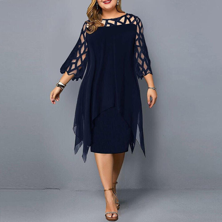 Women's Plus Size Lace Sleeve Layered Midi Dress - Deeep Blue