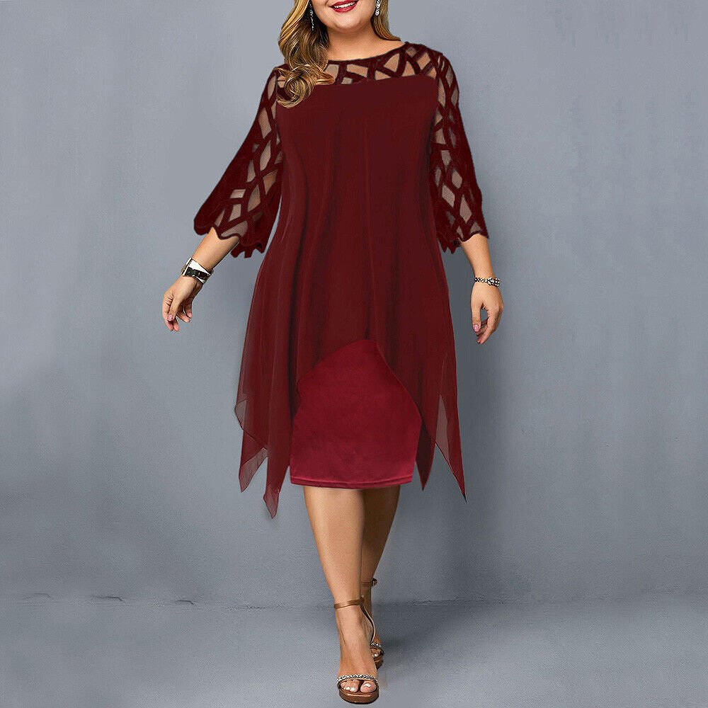 Women's Plus Size Lace Sleeve Layered Midi Dress - Red Wine