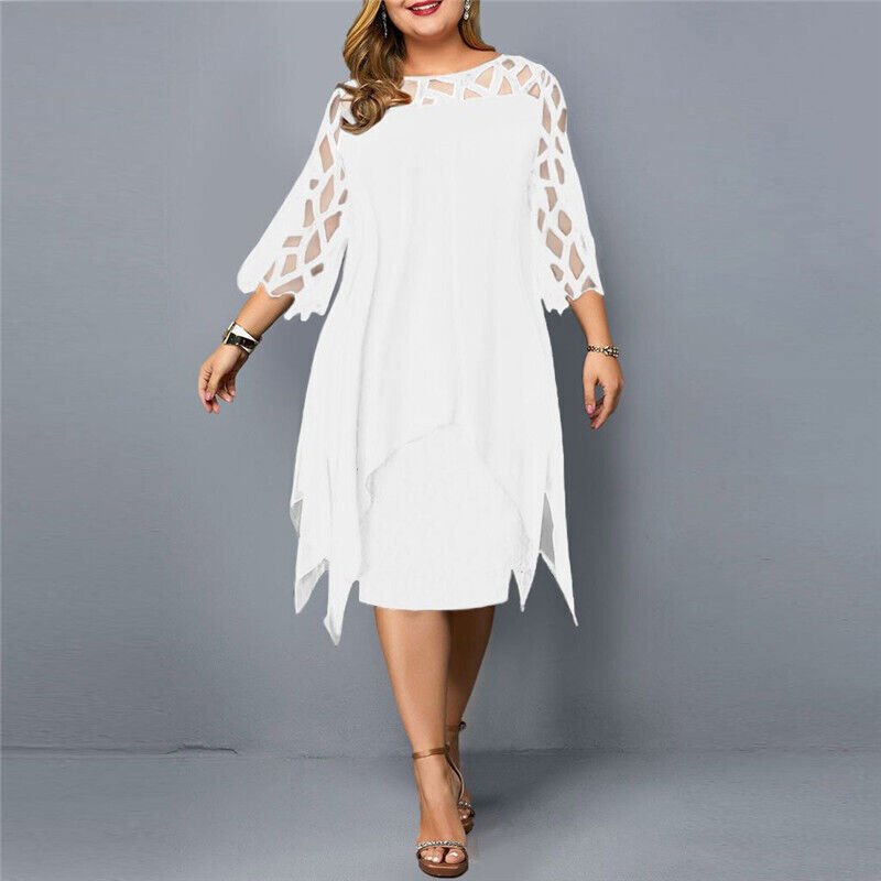 Women's Plus Size Lace Sleeve Layered Midi Dress - White