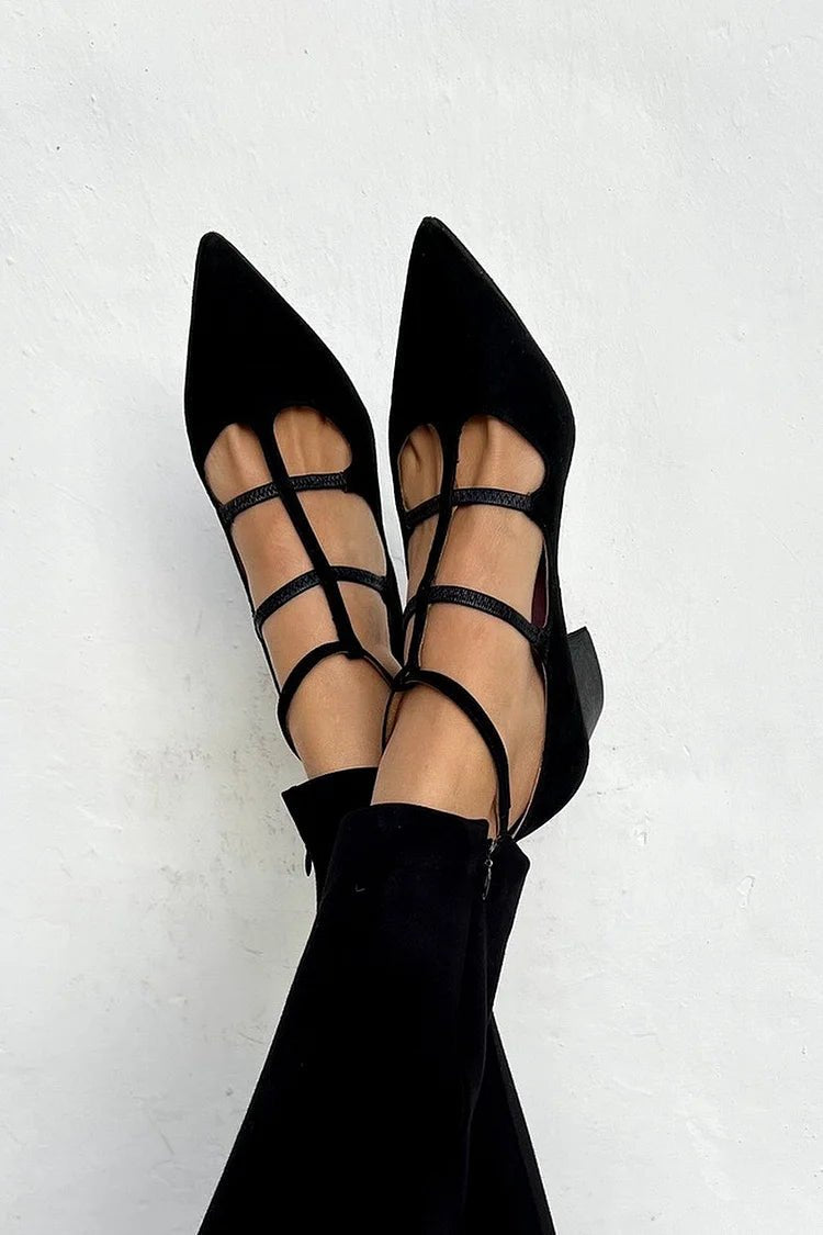 Women's Pointed-Toe Strappy Block Heel Pumps - Black