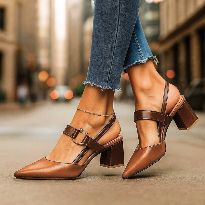 Women's Pointed Toe T-Strap Block Heel Pumps - Brown