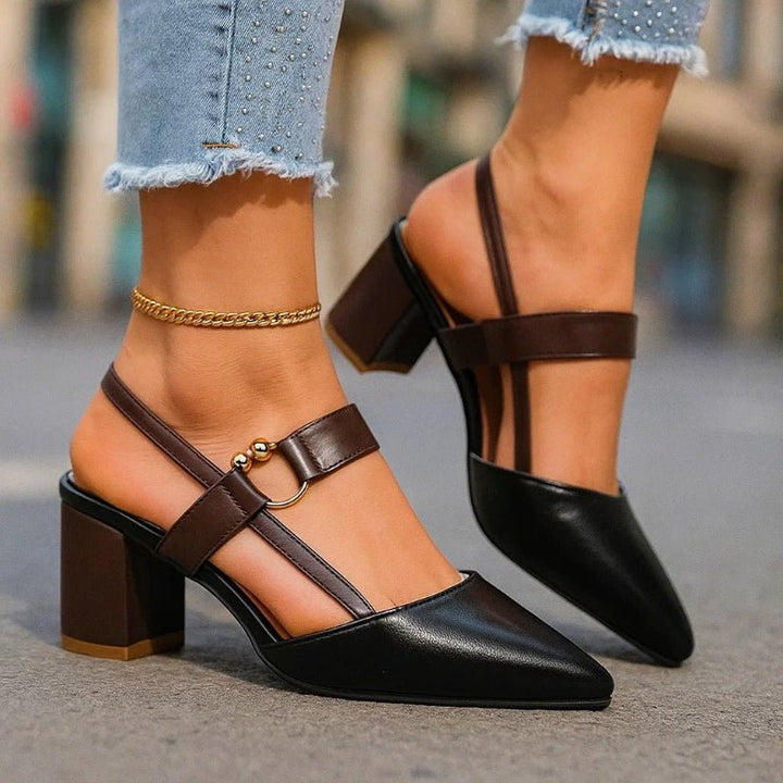 Women's Pointed Toe T-Strap Block Heel Pumps - Black
