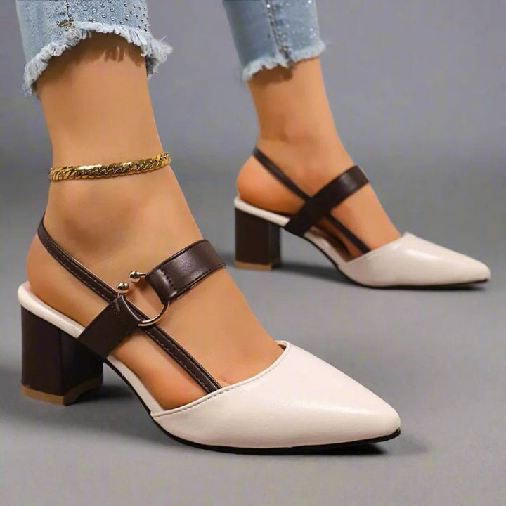 Women's Pointed Toe T-Strap Block Heel Pumps - Beige