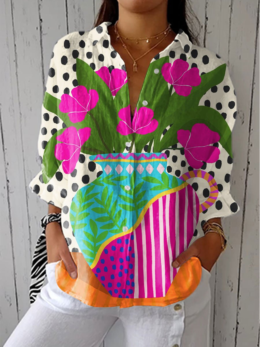Women's Polka Dot Floral Print Button-Front Blouse - Multicolor