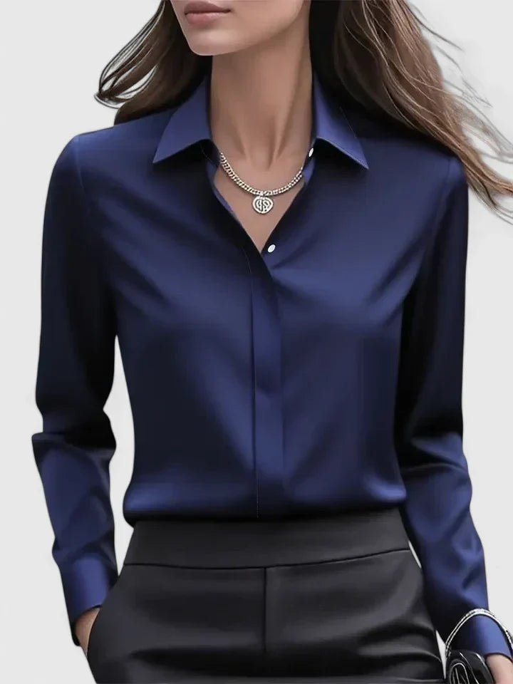 Women's Professional Concealed-Button Satin Shirt - Navy Blue