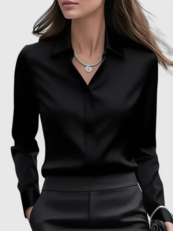 Women's Professional Concealed-Button Satin Shirt - Black