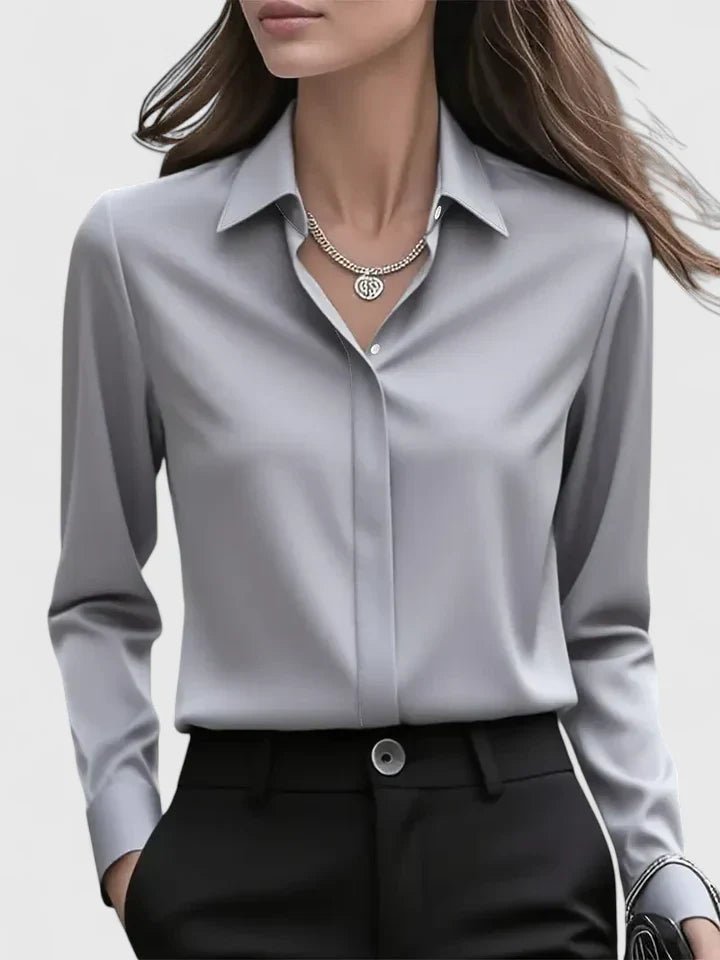 Women's Professional Concealed-Button Satin Shirt - Gray