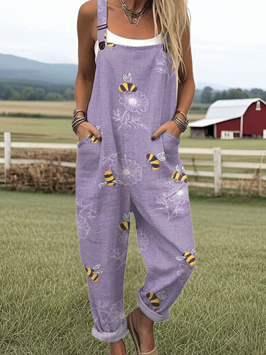 Women's Relaxed-Fit Bee-Print Overalls Jumpsuit - Purple