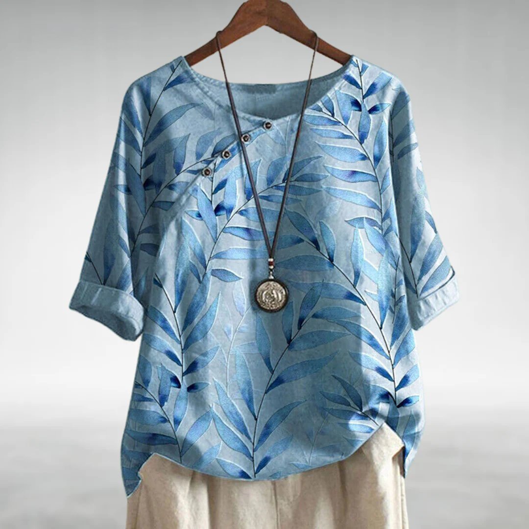 Women's Relaxed-Fit Botanical Print Linen Top Round-Neck - Blue