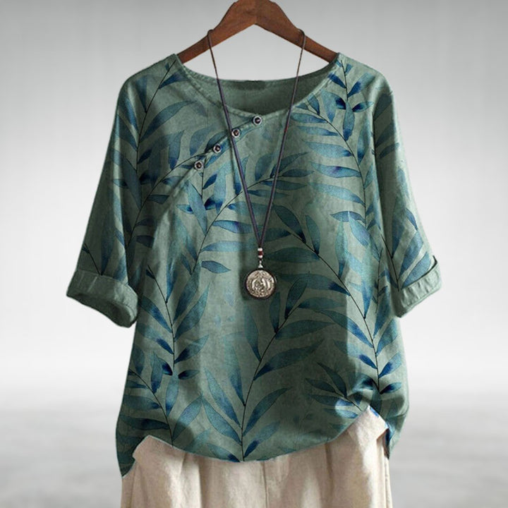 Women's Relaxed-Fit Botanical Print Linen Top Round-Neck - Green