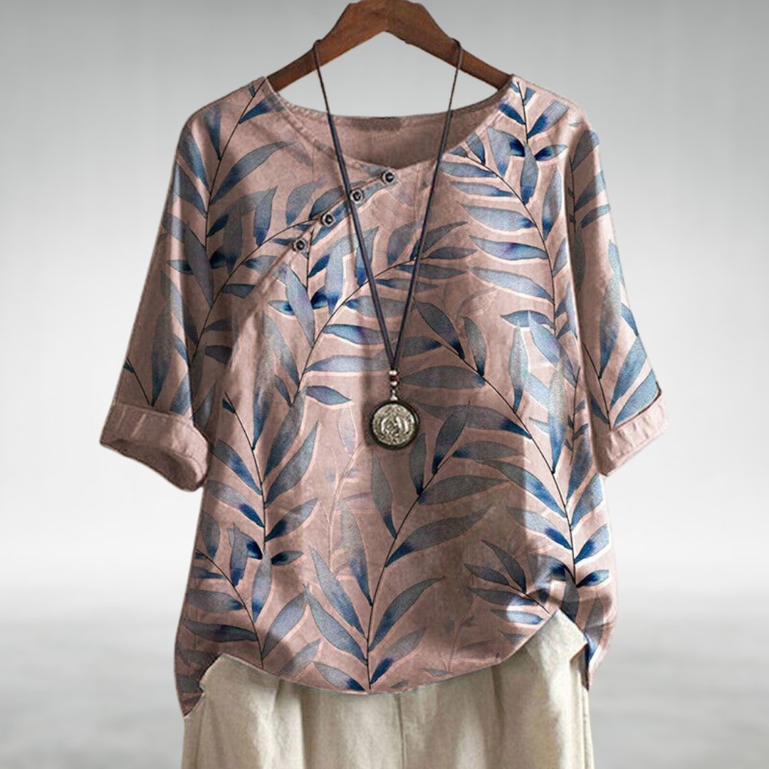 Women's Relaxed-Fit Botanical Print Linen Top Round-Neck - Pink