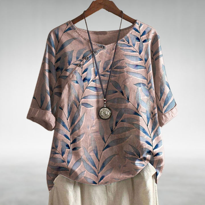 Women's Relaxed-Fit Botanical Print Linen Top Round-Neck - Pink