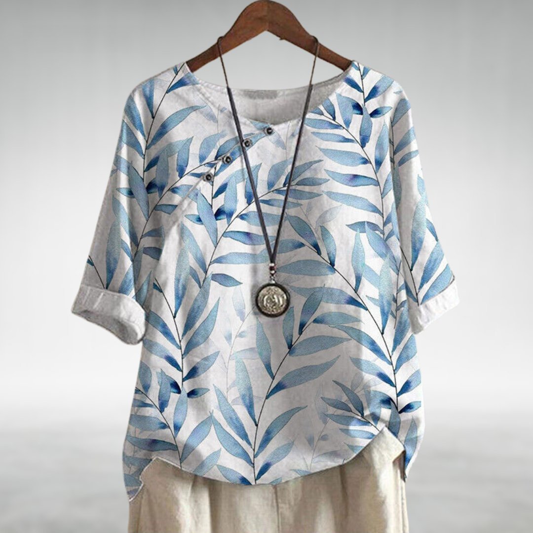 Women's Relaxed-Fit Botanical Print Linen Top Round-Neck - White