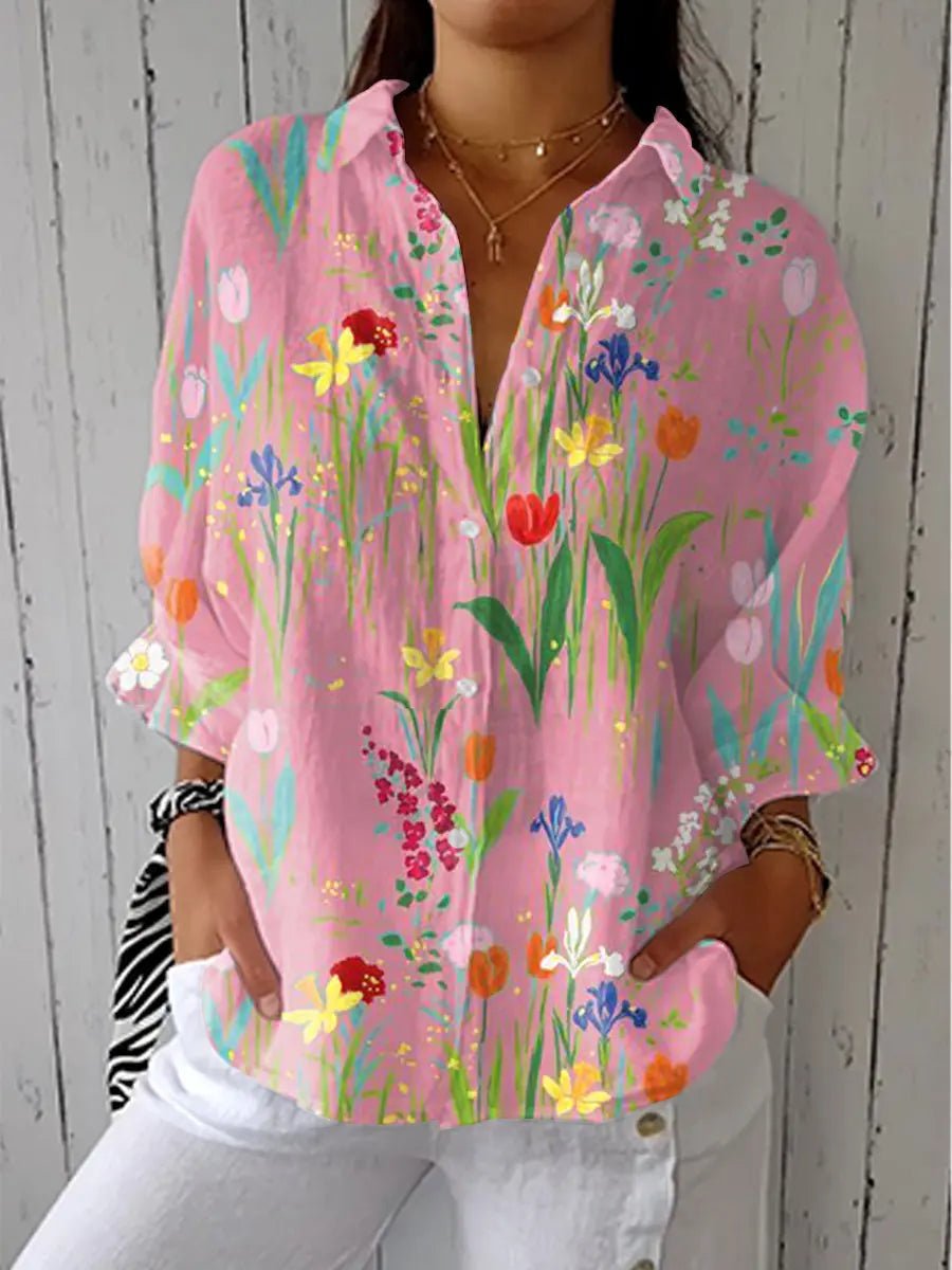 Women's Relaxed-Fit Button-Front Garden Floral Blouse - Pink