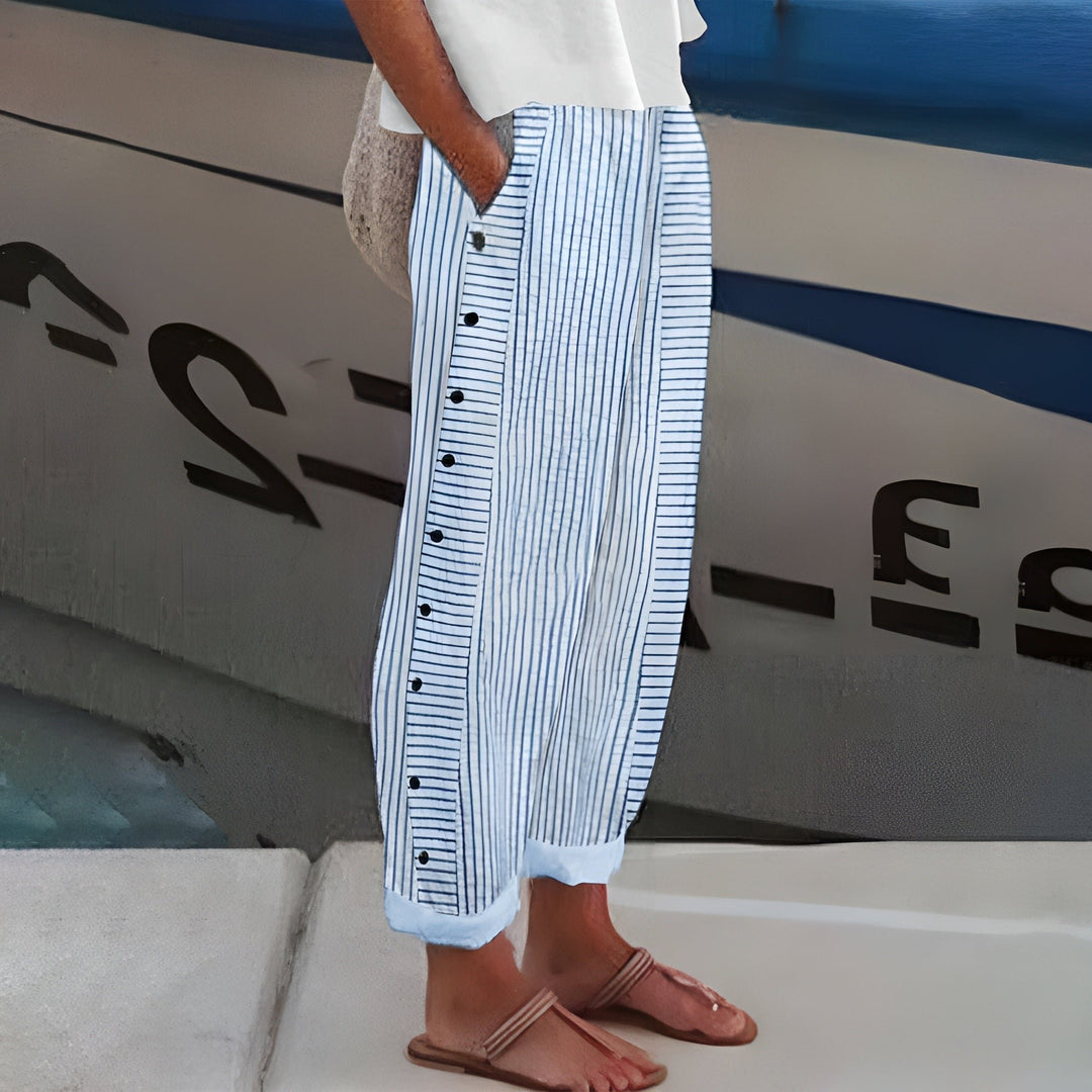 Women's Relaxed-Fit Button-Front Striped Pants - Blue