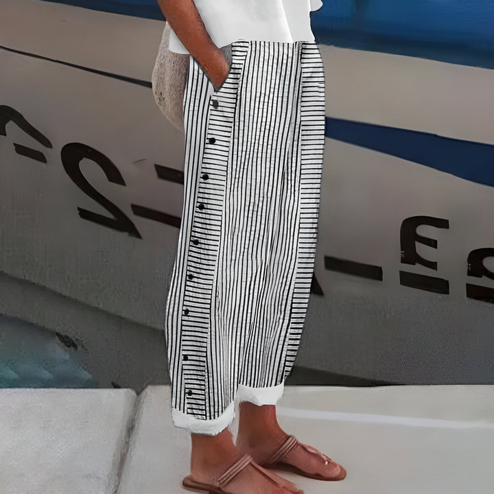 Women's Relaxed-Fit Button-Front Striped Pants - Black