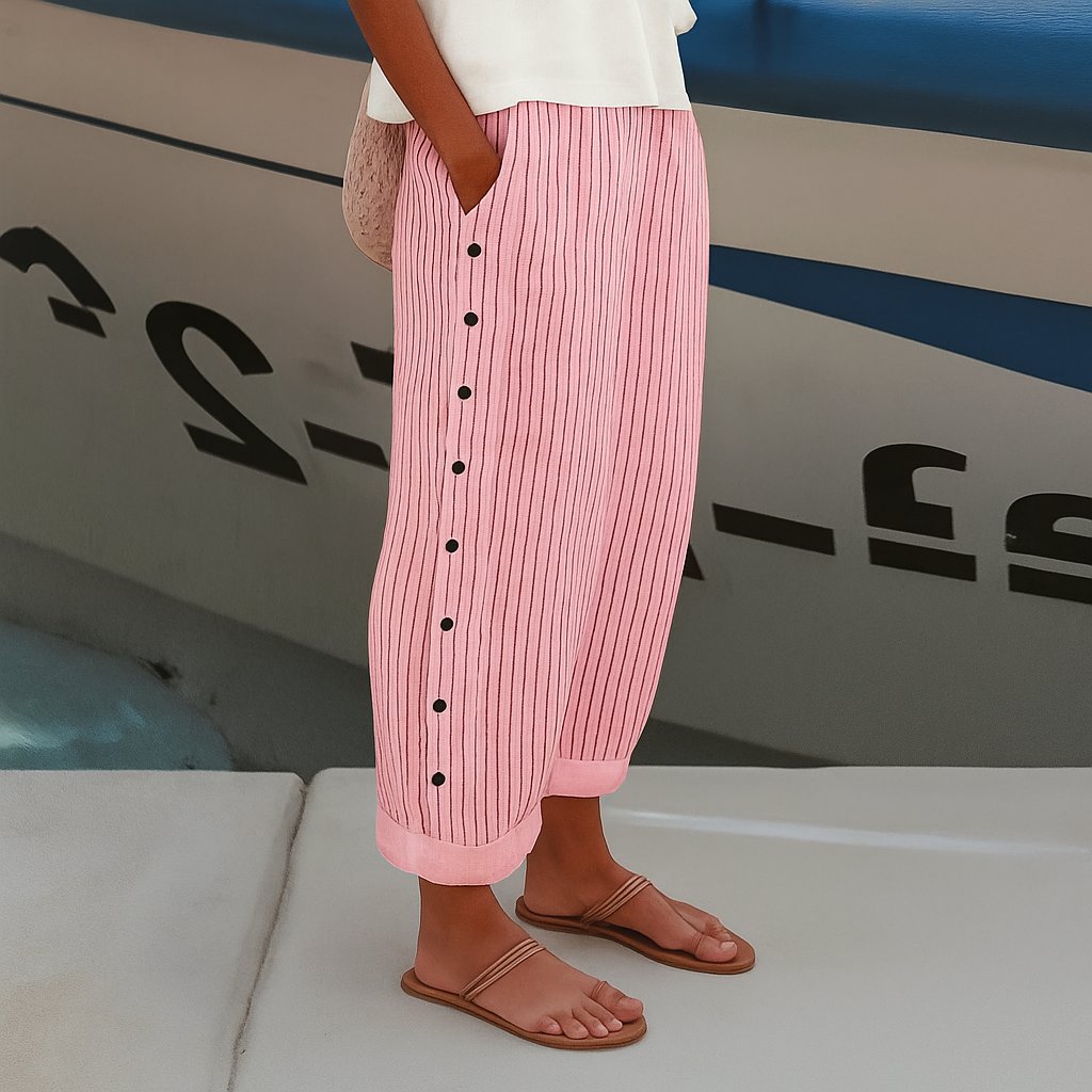 Women's Relaxed-Fit Button-Front Striped Pants - Pink