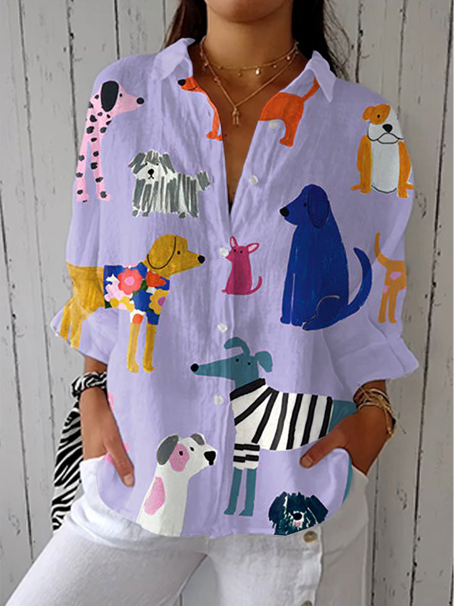 Women's Relaxed-Fit Dog Print Button-Front Blouse - Multicolor