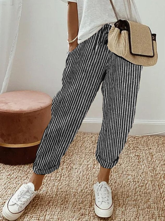 Women's Relaxed-Fit Drawstring Linen Cropped Pants - Black (Striped)
