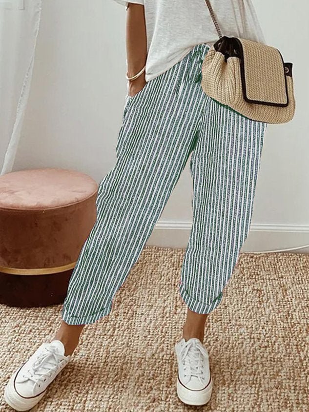 Women's Relaxed-Fit Drawstring Linen Cropped Pants - Green (Striped)