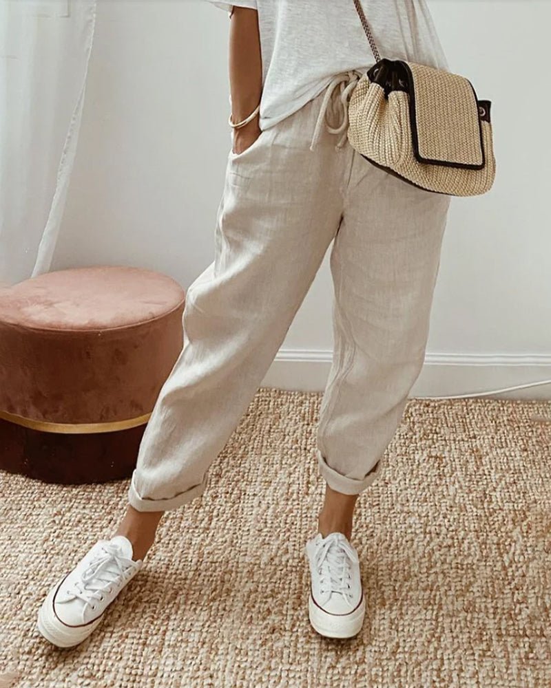 Women's Relaxed-Fit Drawstring Linen Cropped Pants - Beige