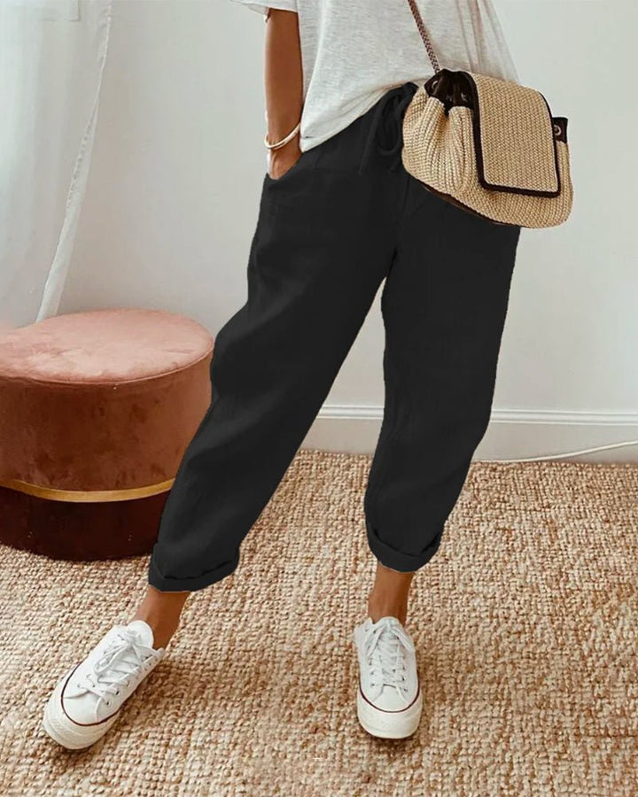 Women's Relaxed-Fit Drawstring Linen Cropped Pants - Black