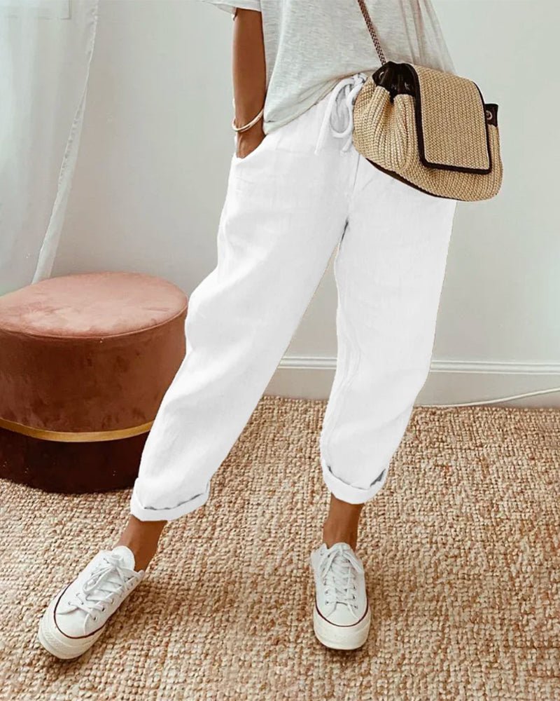 Women's Relaxed-Fit Drawstring Linen Cropped Pants - White
