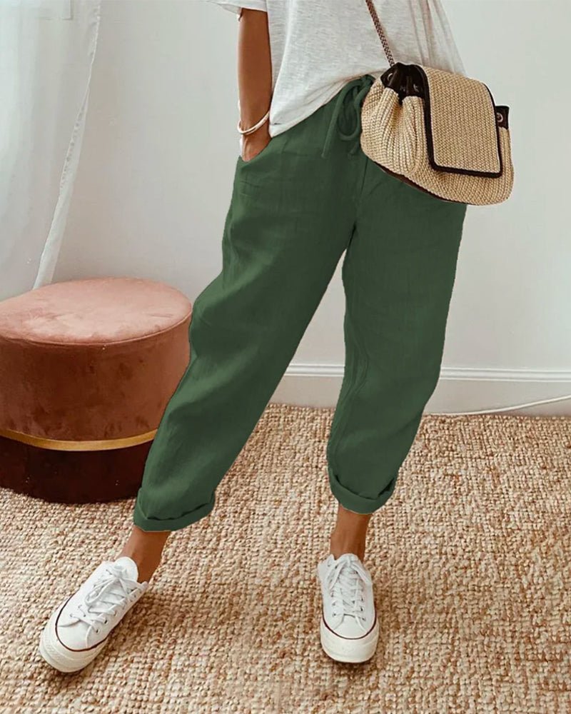 Women's Relaxed-Fit Drawstring Linen Cropped Pants - Green