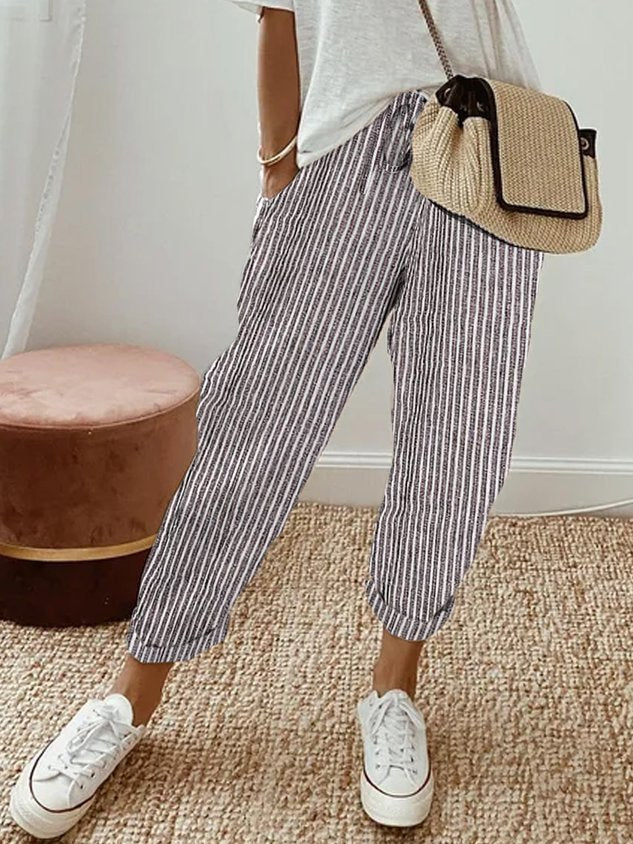 Women's Relaxed-Fit Drawstring Linen Cropped Pants - Grey (Striped)