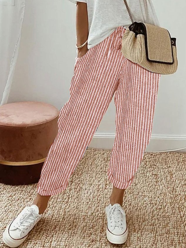 Women's Relaxed-Fit Drawstring Linen Cropped Pants - Red (Striped)