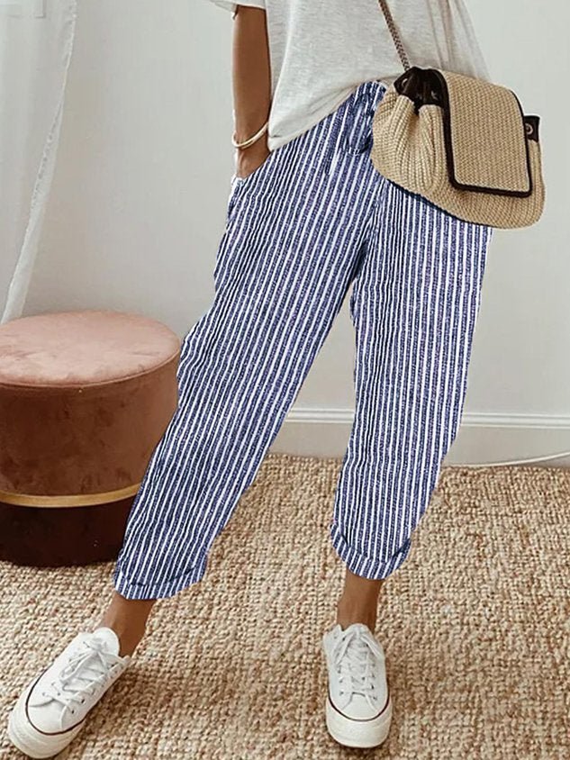Women's Relaxed-Fit Drawstring Linen Cropped Pants - Blue (Striped)