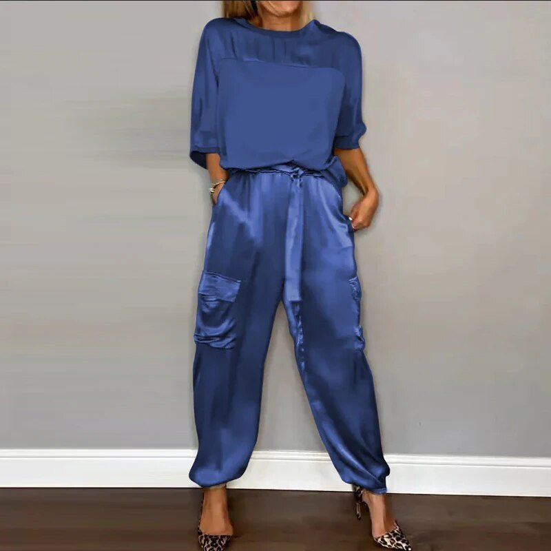 Women's Relaxed-Fit Drawstring Two-Piece Loungewear Set - Blue
