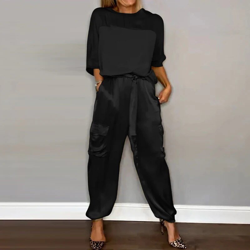 Women's Relaxed-Fit Drawstring Two-Piece Loungewear Set - Black